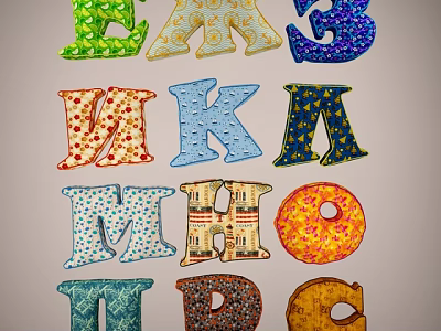 Colorful Letter Shaped Decorative Pillows with Vibrant Patterns for Home Decor 3d model