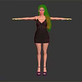 Red Haired Woman in Black Dress with High Heels Arms Outstretched Against Gray Background
