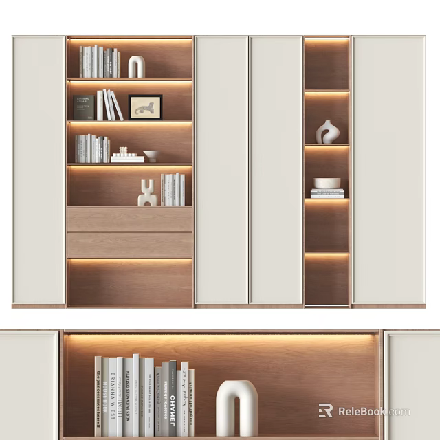 Modern Wooden And White Bookcase Design With Shelves Lighting And Decorative Items 3d model 