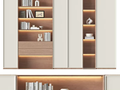 Modern Wooden And White Bookcase Design With Shelves Lighting And Decorative Items 3d model