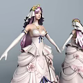 Elegant Game Movie Characters in Pink Ball Gowns with Ornate Winged Staff