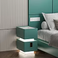 Blue Modern Bedside Table With Open Drawer And Wooden Interior In Bedroom