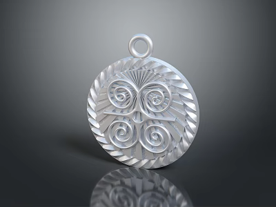 Elegant Silver Circular Pendant with Intricate Spiral Patterns and Leaf Like Designs 3d model