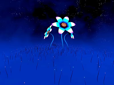 Vibrant Flowers With Blue White Orange Petals On Green Stems In Starry Blue Grass Field 3d model