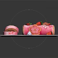 Pink Swiss Roll Cake with Strawberries and Flower Decorations on White Tray Showing Swirled Interior
