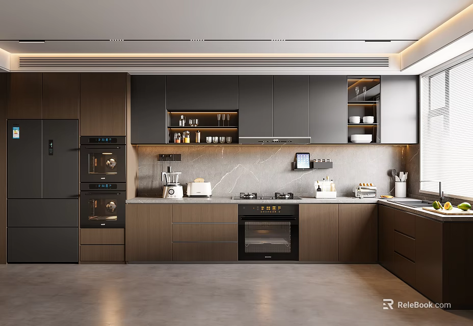 Modern Kitchen Interior With Dark Gray Wooden Cabinets Marble Countertop And Built-in Appliances 3d model 