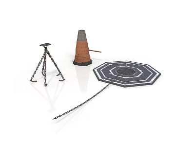 Tripod Traffic Cone And Octagonal Manhole Cover With Chain On White Background 3d model