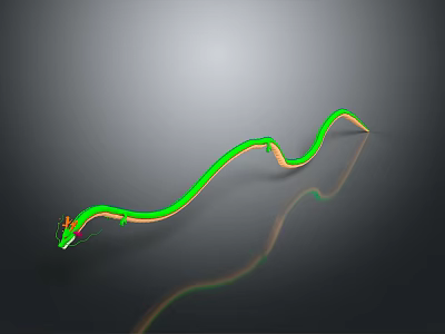 3D Rendered Green Snake With Yellow Segments And Orange Head And Reflection On Gray Background 3d model