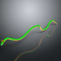3D Rendered Green Snake With Yellow Segments And Orange Head And Reflection On Gray Background