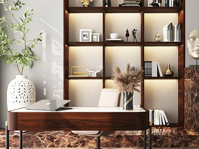 Stylish Wooden Desk with Bookshelf Decor Items and Green Plant in Home Office 3d model