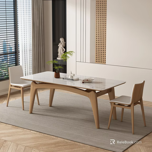 Modern Restaurant Interior With Wooden Dining Table Chairs Decorative Plant And Wall Art 3d model 