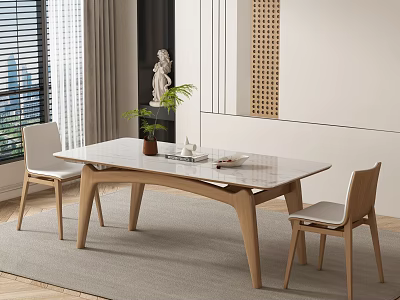 Modern Restaurant Interior With Wooden Dining Table Chairs Decorative Plant And Wall Art 3d model