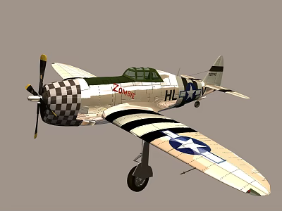 Vintage Military Fighter Plane With Checkered Nose Striped Wings And US Insignia 3d model