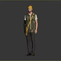 A Man Wearing Yellow Cap Camouflage Vest With Mechanical Prosthetic Arm And Yellow Crossbody Strap