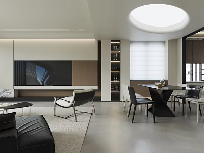 Modern Minimalist Open Plan Living And Dining Room With Sleek Furniture And Bright Round Skylight 3d model