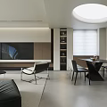 Modern Minimalist Open Plan Living And Dining Room With Sleek Furniture And Bright Round Skylight