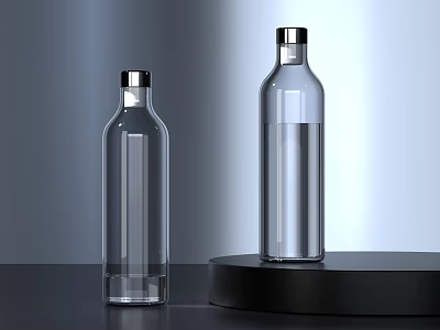 Two Transparent Glass Bottles Showcased On Dark Platform And Surface 3d model