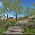 Serene Garden Landscape with Stone Steps Lush Greenery Trees and Wooden Deck