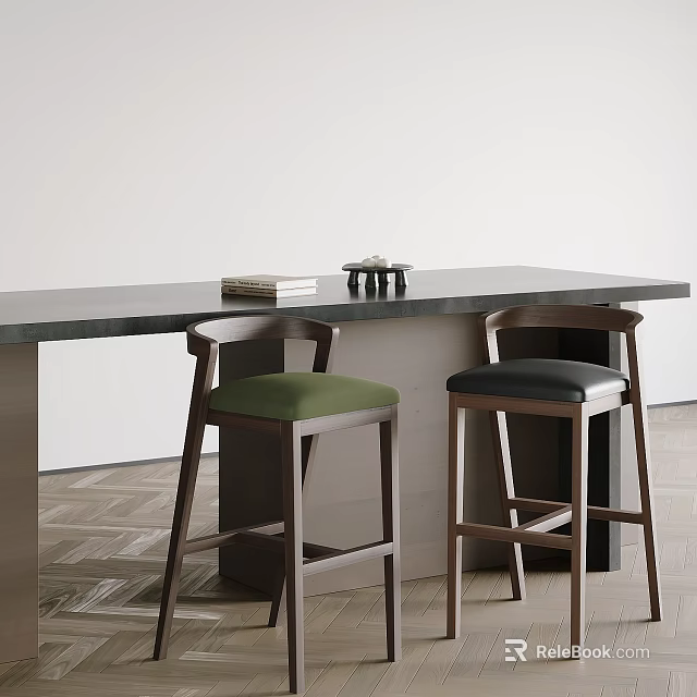 Modern Wooden Frame Bar Stools With Green And Black Seats By Countertop 3d model 