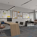Modern Office Open Layout With Wooden Desk Whiteboard Charts Ergonomic Chairs Large Windows And Carpet