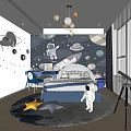 Space Themed Kids Room With Astronaut Rocket Planets Wallpaper Bed Chandelier And Telescope