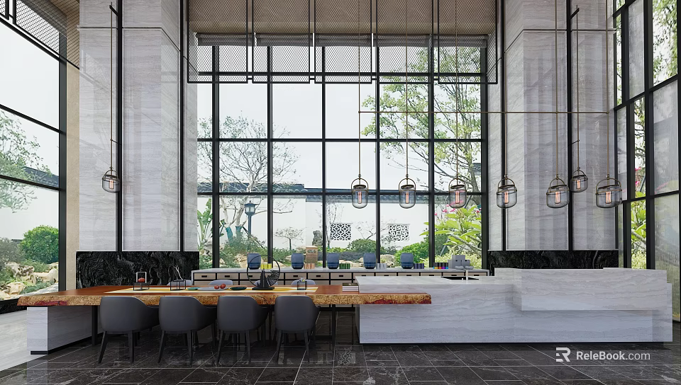 Modern Restaurant Interior With Large Windows Hanging Pendant Lights Gray Chairs And Marble Counter 3d model 