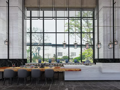 Modern Restaurant Interior With Large Windows Hanging Pendant Lights Gray Chairs And Marble Counter 3d model