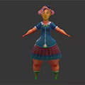 Cartoon Female Character With Red Curly Hair Blue Top Red Striped Skirt Standing Pose