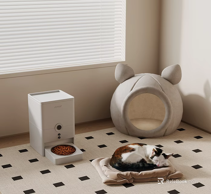 Cat Sleeping On Checkered Rug With Ear Shaped Pet Bed And Automatic Feeder 3d model 
