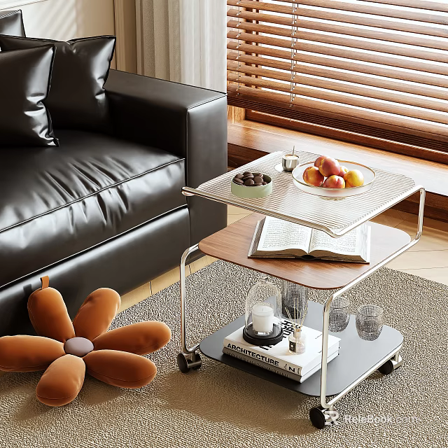 Modern Side Table With Metal Frame Wooden Top By Leather Sofa Holding Fruits And Book 3d model 