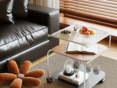 Modern Side Table With Metal Frame Wooden Top By Leather Sofa Holding Fruits And Book 3d model