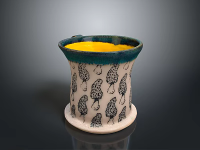 Decorative Ceramic Container With Yellow Inner Teal Rim White Base And Black Mushroom Patterns 3d model