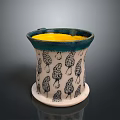 Decorative Ceramic Container With Yellow Inner Teal Rim White Base And Black Mushroom Patterns