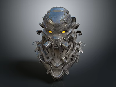 Mechanical Sci Fi Helmet With Yellow Glowing Eyes And Intricate Metallic Structure 3d model