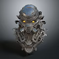 Mechanical Sci Fi Helmet With Yellow Glowing Eyes And Intricate Metallic Structure