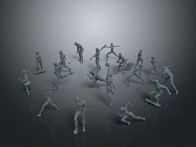 Game Movie Characters Gray Humanoid Models in Various Poses Arranged in Circle on Gray Background 3d model
