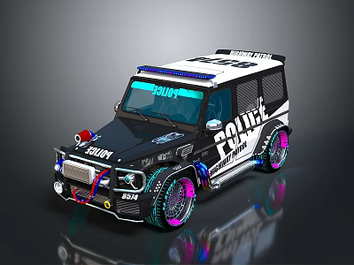 Custom Black And White Police Car With Neon Colored Wheels And Blue Roof Lights 3d model