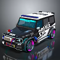 Custom Black And White Police Car With Neon Colored Wheels And Blue Roof Lights