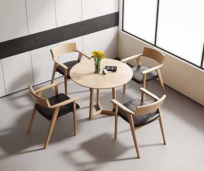 Modern Round Wooden Table and Chairs Set with Four Black Cushioned Seats and Yellow Flowers 3d model