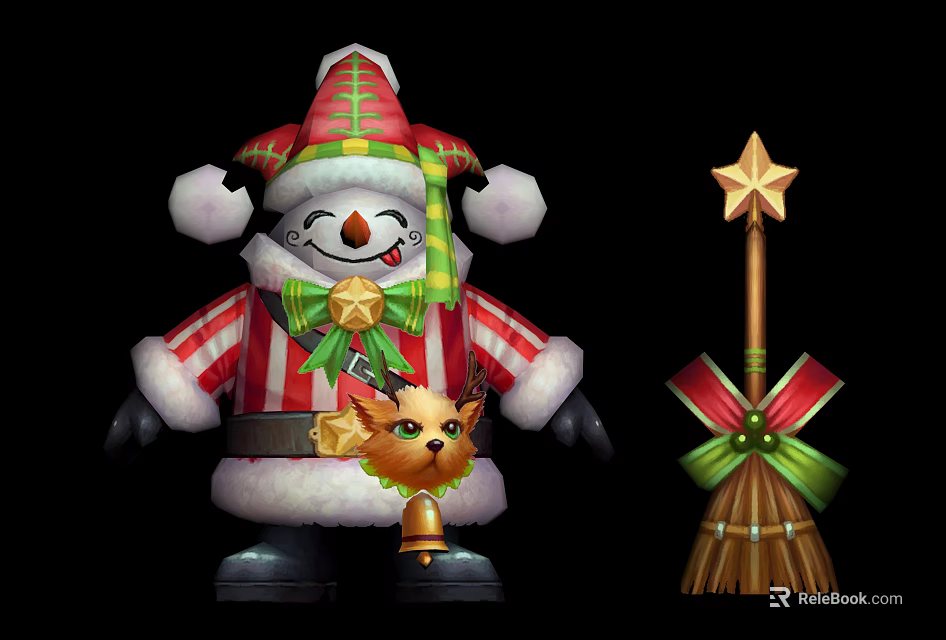 Christmas Themed Snowman Doll With Red Striped Outfit Green Scarf Reindeer Decoration And Star Wand 3d model 