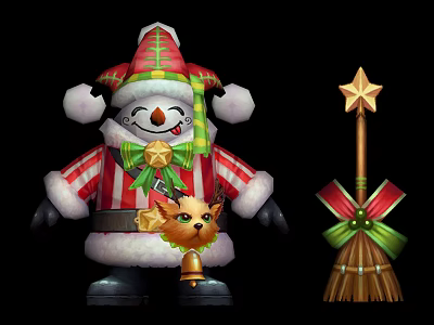 Christmas Themed Snowman Doll With Red Striped Outfit Green Scarf Reindeer Decoration And Star Wand 3d model