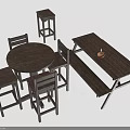 Rustic Wooden Dining Furniture Set With Round Table Chairs Picnic Bench And Stools
