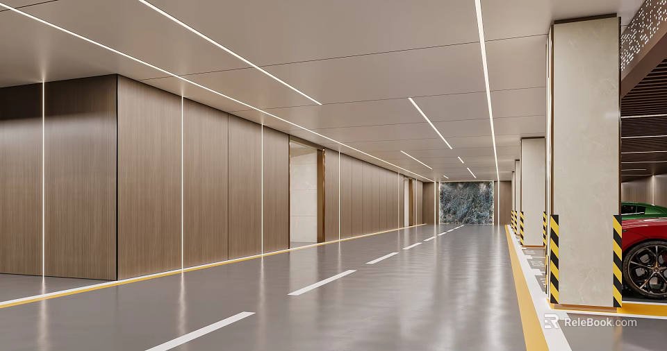 Modern Parking Garage Interior Design With Linear Lighting Wooden Panel Walls And Smooth Flooring 3d model 