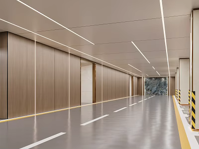 Modern Parking Garage Interior Design With Linear Lighting Wooden Panel Walls And Smooth Flooring 3d model
