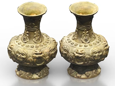 Antique Ceramic Vases With Intricate Carved Lion Head Patterns And Ornate Designs 3d model