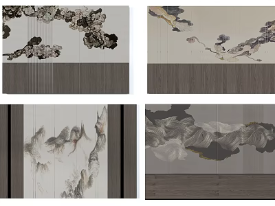 Chinese Ink Painting Style Background Wall With Cloud Mountain Patterns And Wood Texture 3d model