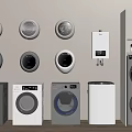 Various Washing Machines And Dryers With Wall Mounted Units And Storage Cabinets