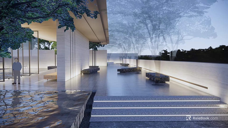 Modern Garden Landscape Design With Stone Pathway Water Features And Illuminated Steps 3d model 