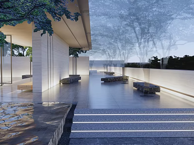 Modern Garden Landscape Design With Stone Pathway Water Features And Illuminated Steps 3d model