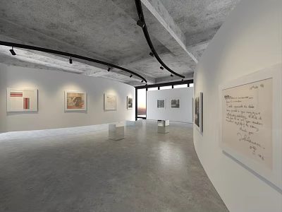 Contemporary Art Gallery Interior With White Walls Gray Floor Hanging Artworks And Display Pedestals 3d model